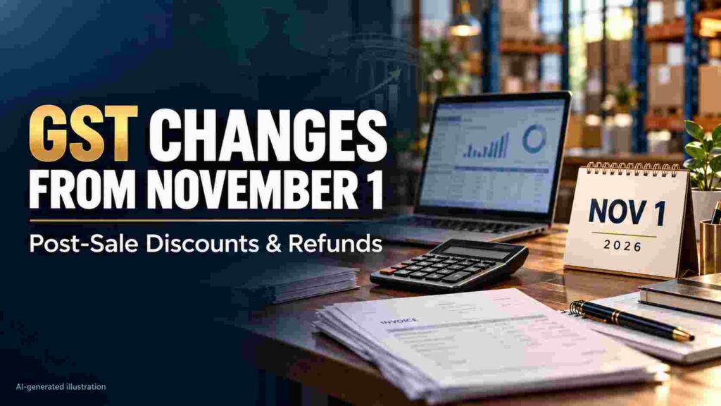 GST changes from November 1, 2026, illustrated with invoices, a calculator and a desk calendar.