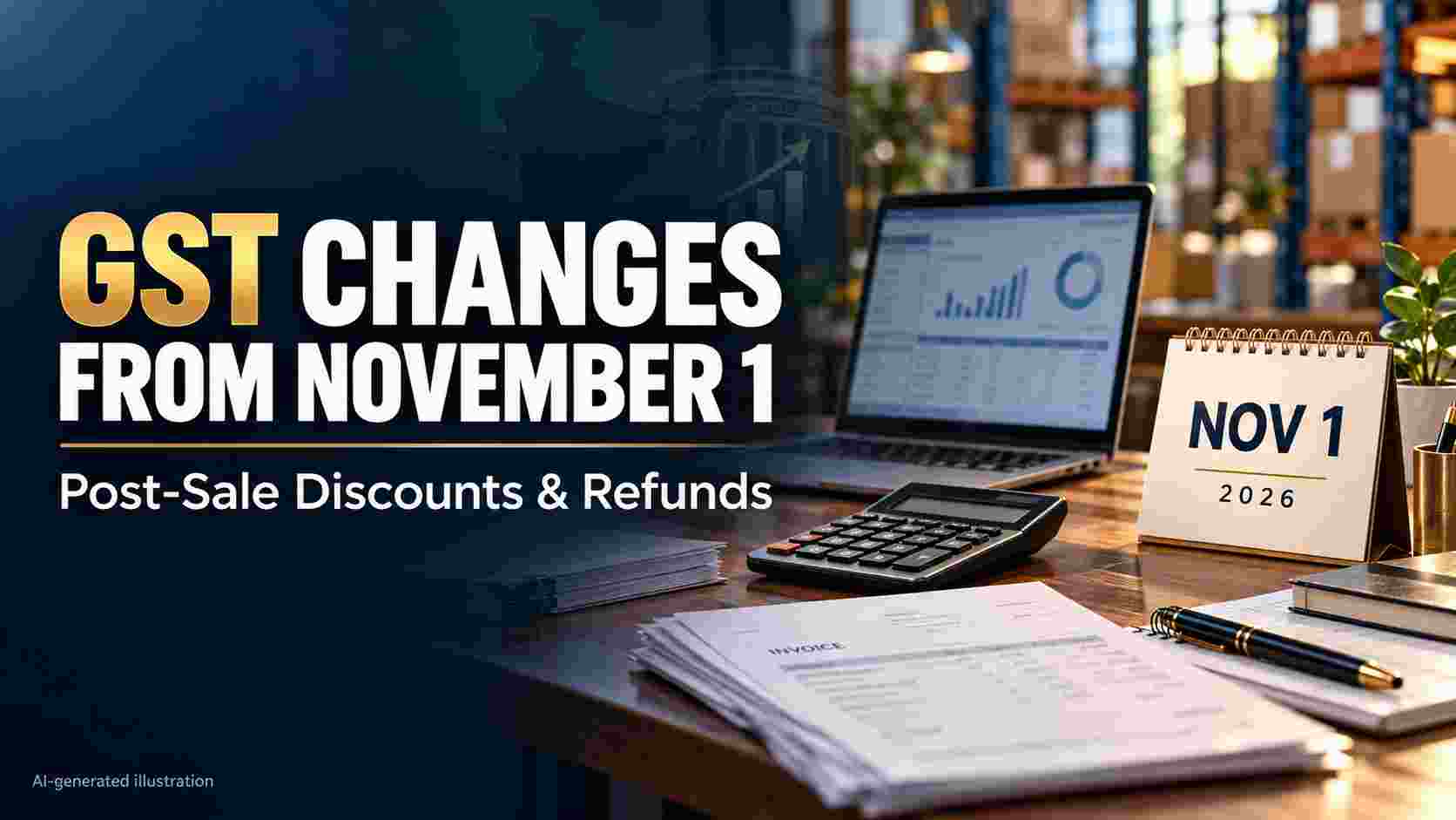 GST changes from November 1, 2026, illustrated with invoices, a calculator and a desk calendar.